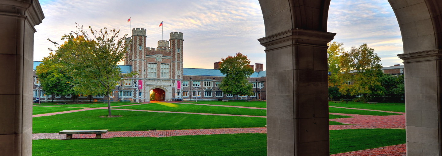 A view of Brookings Hall across the Quadrangle from Ridgley Hall