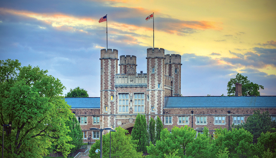View of Brookings Hall at dusk