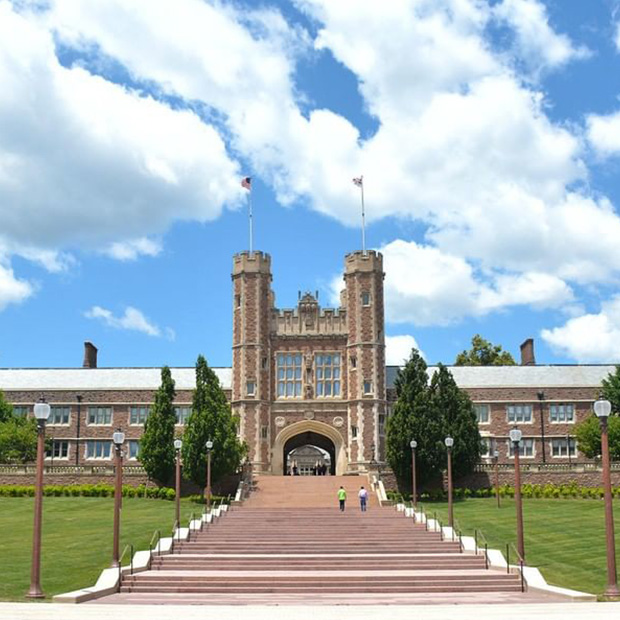 Brookings Hall against a blue sky backdrop